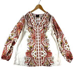 JM Collection Womens M Floral Bohemian V-Neck Blouse Retro Paisley Eclectic 70's